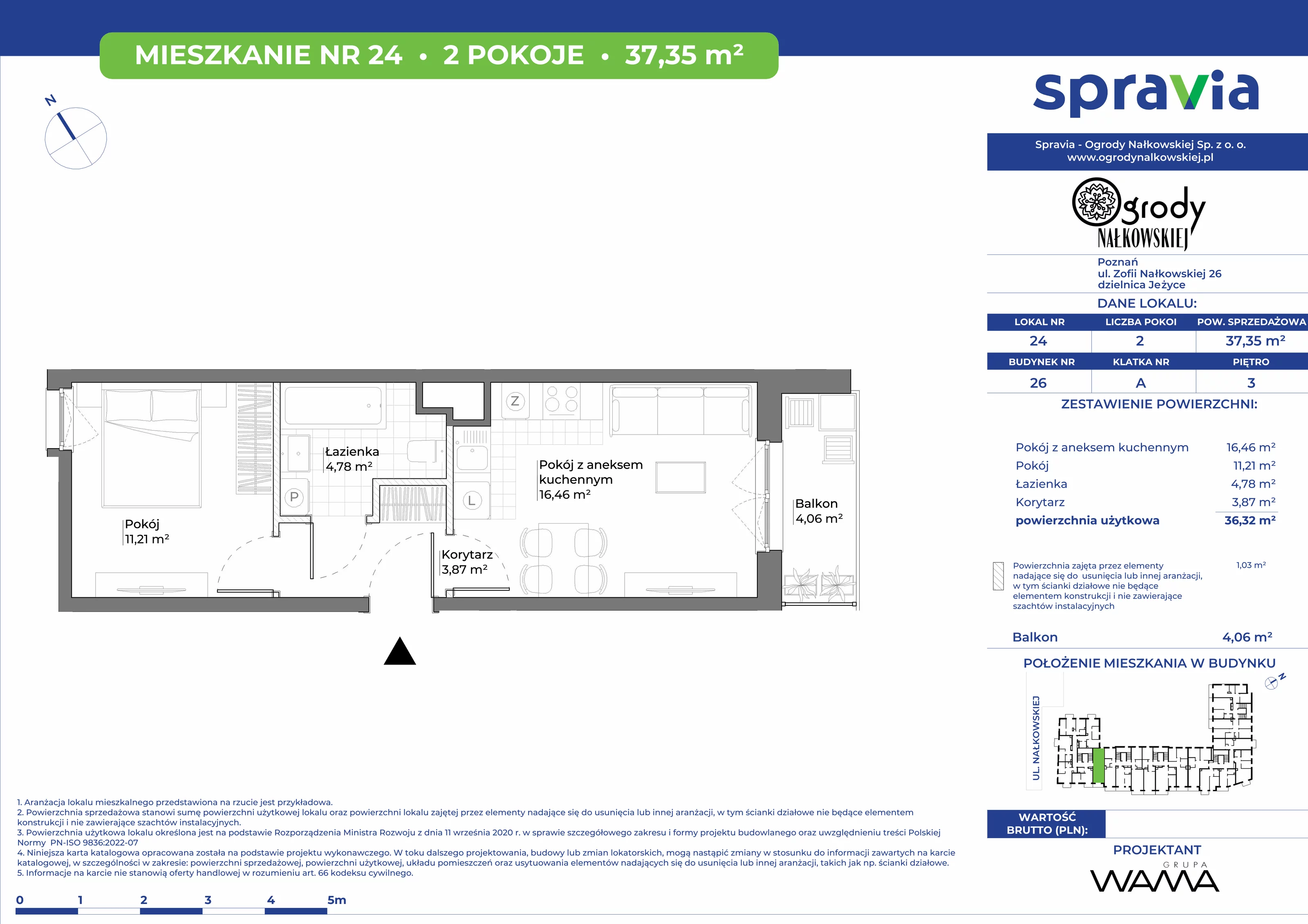 2 pokoje, mieszkanie 37,35 m², piętro 3, oferta nr 26-24, Ogrody Nałkowskiej, Poznań, Ogrody, ul. Nałkowskiej 24, 26